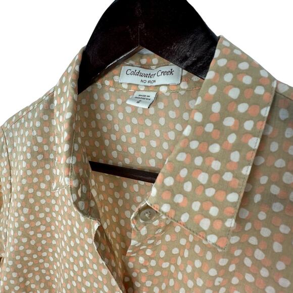 Coldwater Creek No Iron Peach Cream Polka Dot Blouse Small Twee Boho Chic Casual - Picture 3 of 4